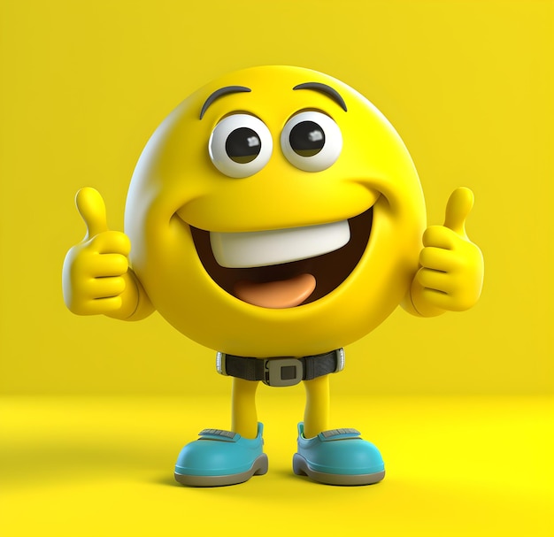 A yellow smiley with a blue belt and blue shoes is giving the thumbs up.