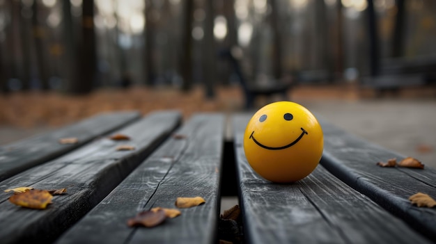 A yellow smiling ball on a weathered wooden bench in a park