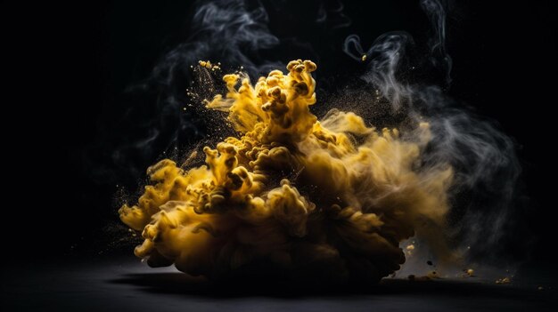 A yellow smoke explosion in a dark room