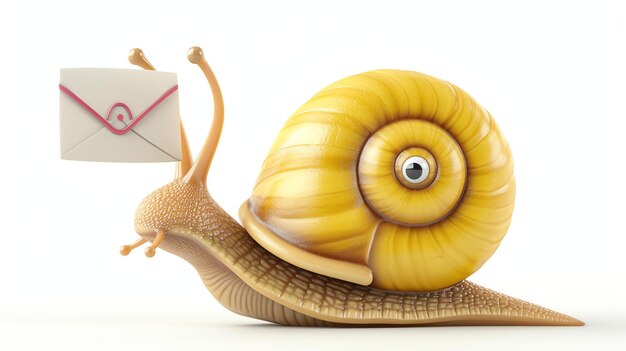 A yellow snail carrying a love letter on its back The snail is smiling and has a determined look on its face