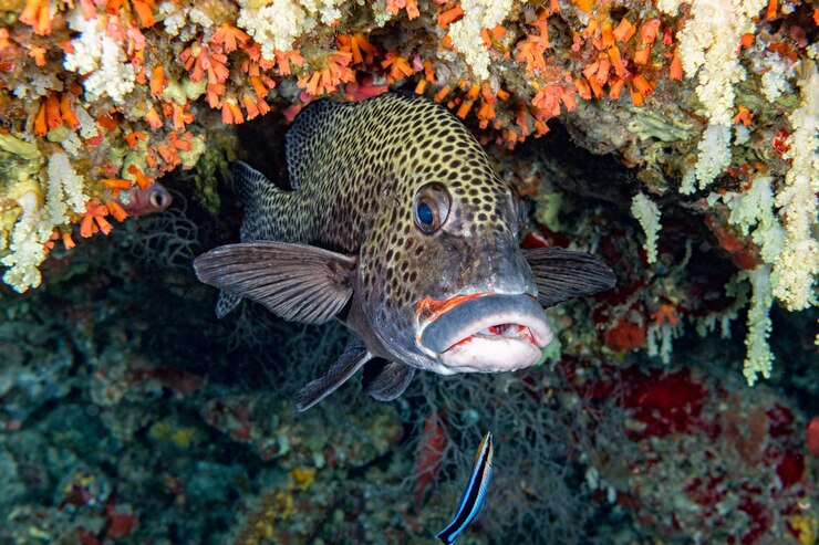Photo yellow snapper lutjanidae while diving maldives
