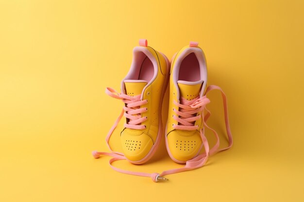 Premium Photo | Yellow sneaker with headphones on a pink background ...