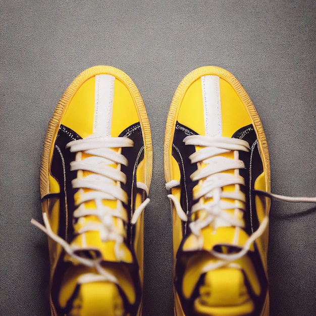 黄色のスニーカー スポーツ靴ペア トップ ビュー クローズ アップ d レンダリング デジタル イラスト