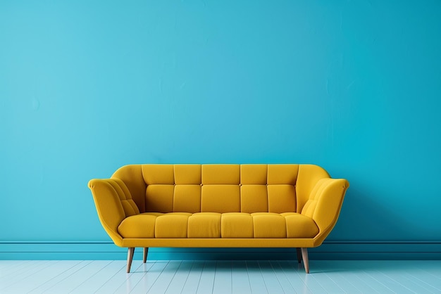 Желтый диван на синей стене