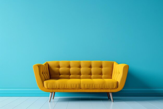 A yellow sofa against a blue wall