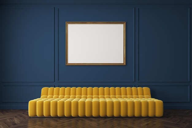 Yellow sofa against dark blue wall poster