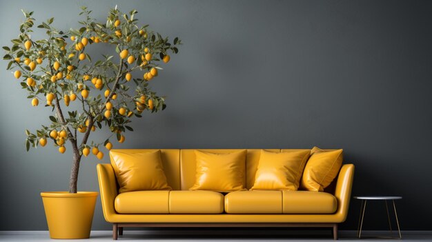 Yellow sofa and ficus tree on laminate floor with empty wall