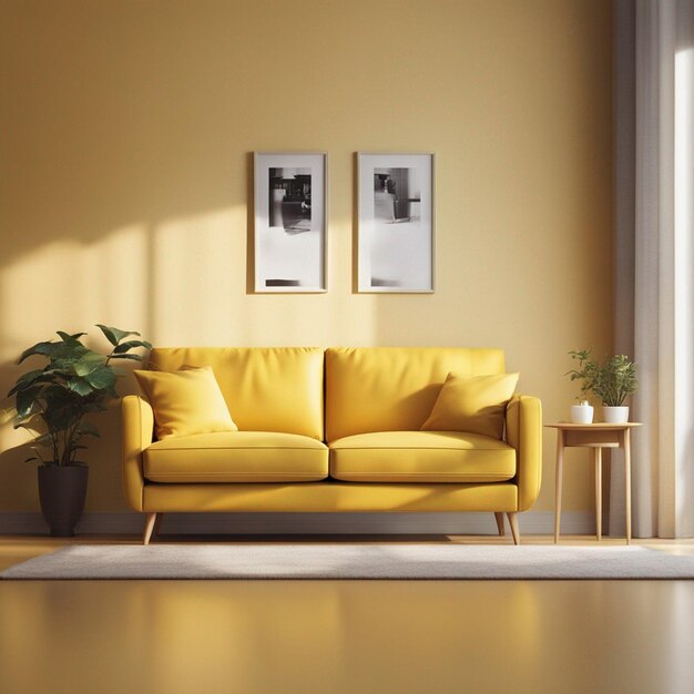 Yellow sofa in living room interior with copy space with sunny shadows