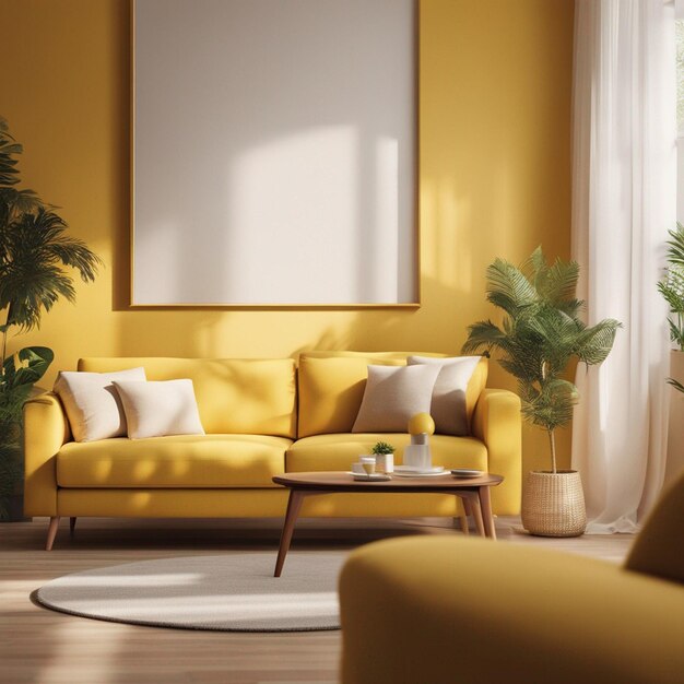 Yellow sofa in living room interior with copy space with sunny shadows