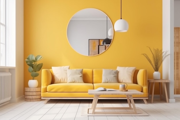 A yellow sofa in a living room with a plant on the wall.