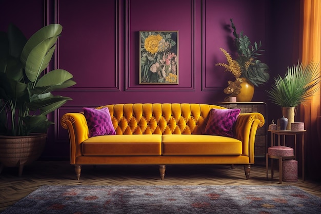 A yellow sofa in a living room with a purple wall behind it.