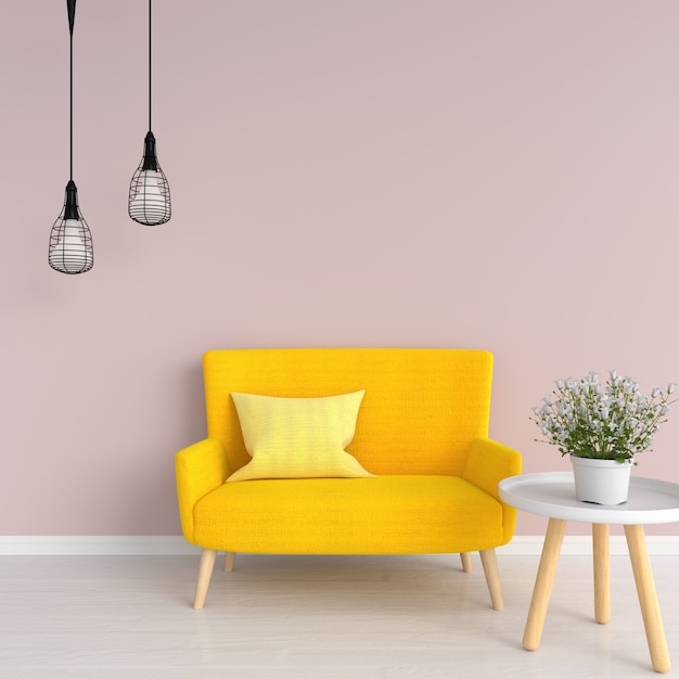 Yellow sofa in pink living room, 3D rendering