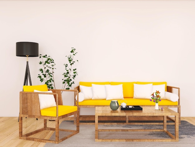 黄色いソファと白いリビングルームの植物3Dレンダリング