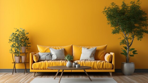 yellow sofa with a plant on the wall