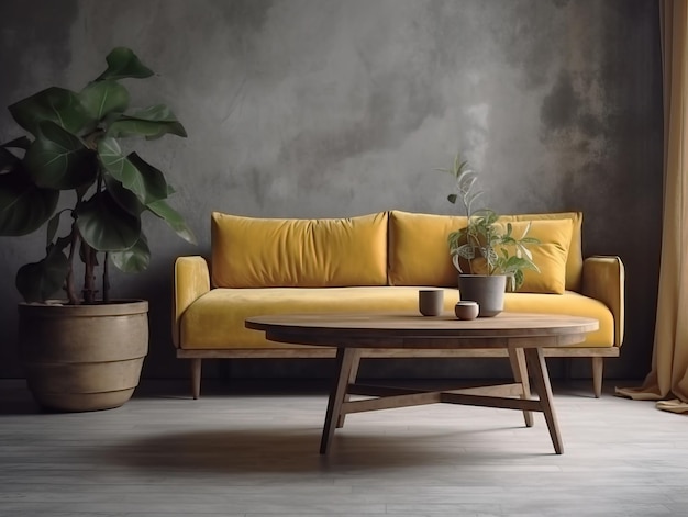 Yellow sofa and a wooden table in living room interior with plantconcrete wall