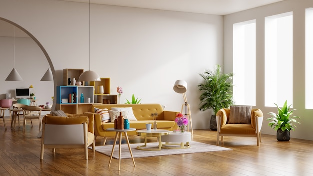 Yellow sofa and yellow armchair in spacious living room interior with plants and shelves near wooden table.