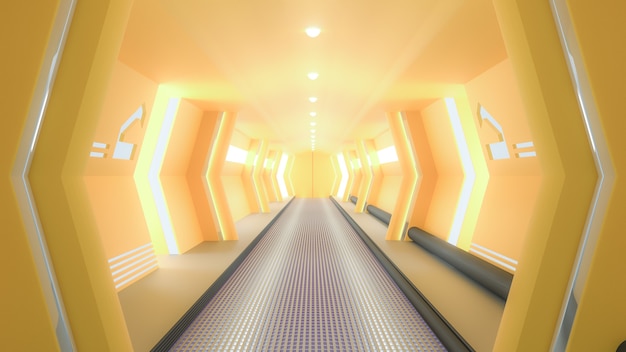 Yellow spaceship sci-fi corridor, 3D render.