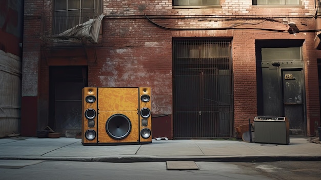 A yellow speaker sits on the sidewalk in front of a brick building.