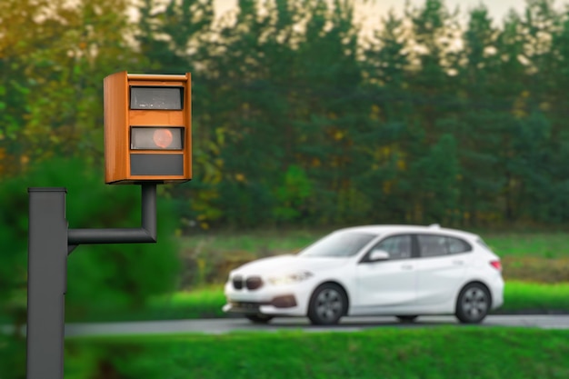 Photo a yellow speed camera flashes as it detects a speeding car on a highway using radar and artificial intelligence to recognize the number plate and issue a fine