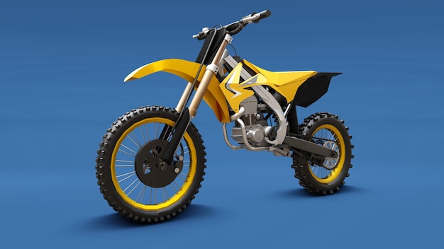 Yellow sport bike for cross-country on a blue background. Racing Sportbike. Modern Supercross Motocross Dirt Bike. 3D Rendering.