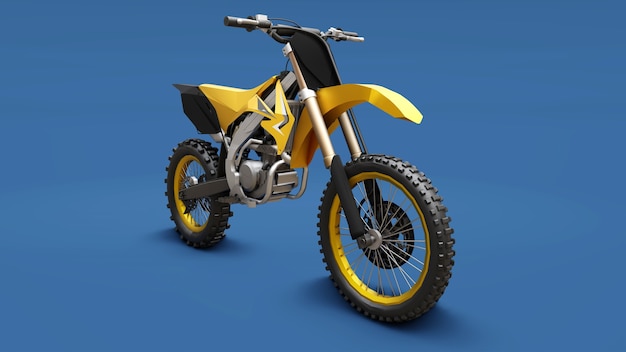 Yellow sport bike for cross-country on a blue surface