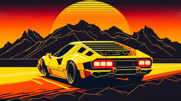 Желтый спортивный автомобиль, мчащийся к закату через многоугольную горную долину