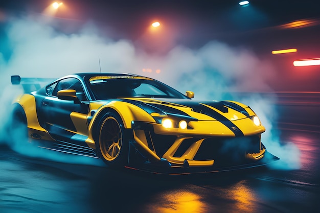 Yellow sport car with smoke in the background in the night premium lighting background 4k