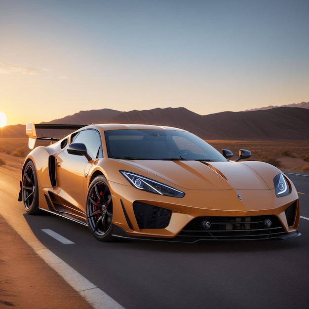 A yellow sports car is driving on a road with the sun setting behind it.