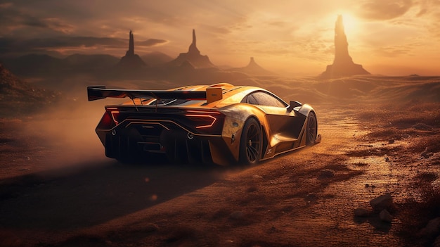 A yellow sports car is driving through a desert at sunset.