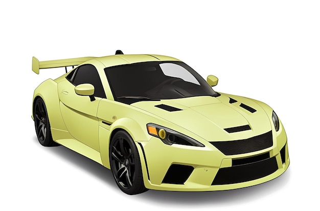 A yellow sports car with a black stripe on the hood on a white background with a shadow AI