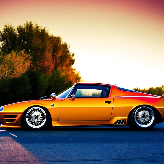 A yellow sports car with the door open is parked on the side of the road.