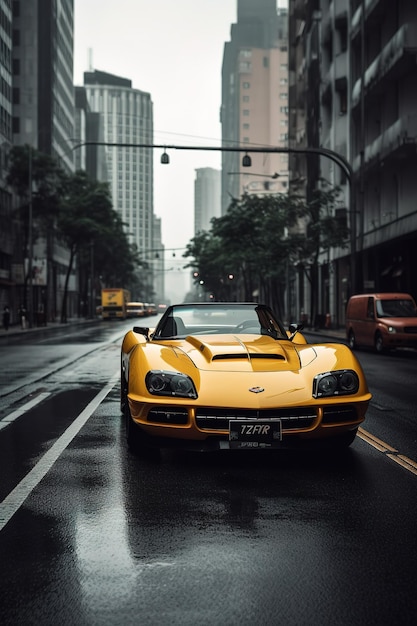 A yellow sports car with the license plate number 7277 on the front.