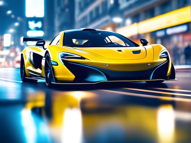 yellow sports fast racing car rushes through the night city