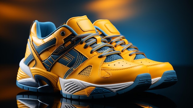우아 한 디자인 의 노란색 스포츠 신발 과 어두운 파란색 배경