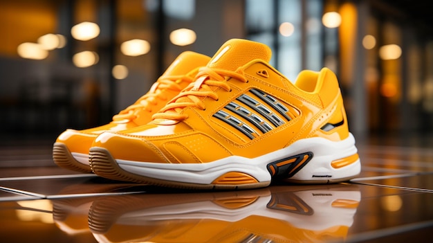 A yellow sports shoe with elegant design