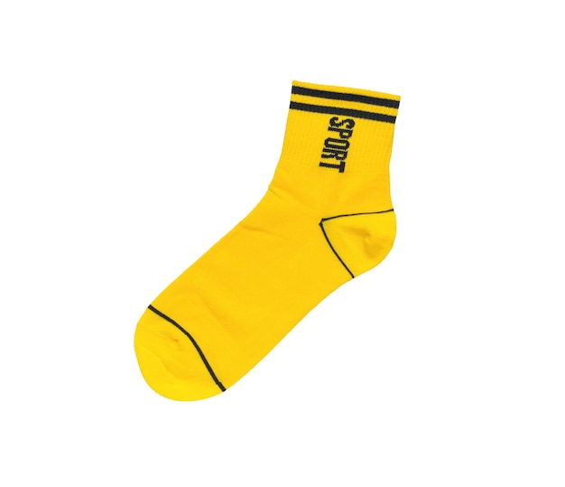 Yellow sports sock with black inserts isolated on a white background Flat lay