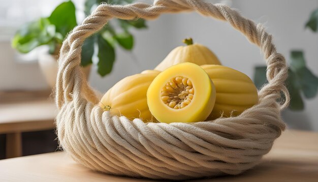 Photo yellow squash in a basket with a green leaf