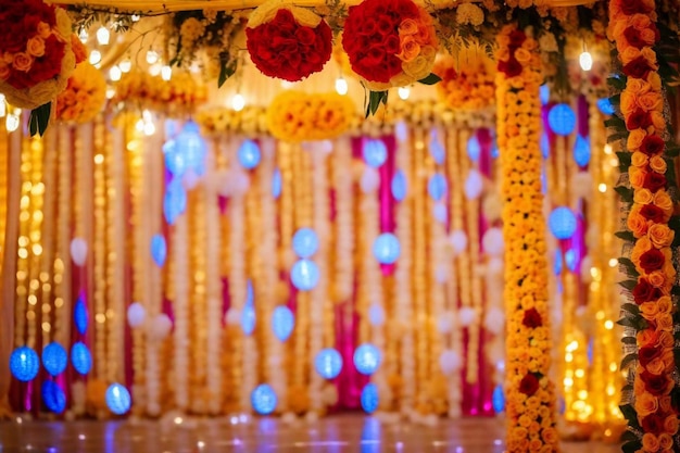 a yellow stage with flowers and garlands and lights