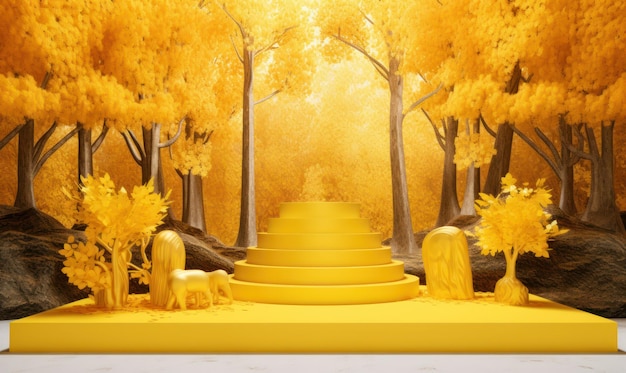 A yellow staircase in a forest with a tree and the word golden on it.