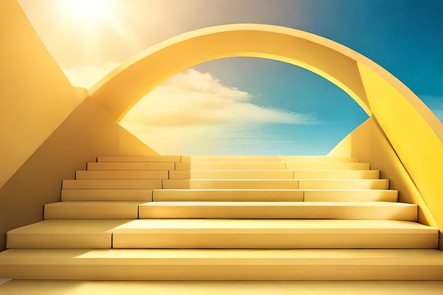 A yellow staircase with a sky background and the sun shining through it.