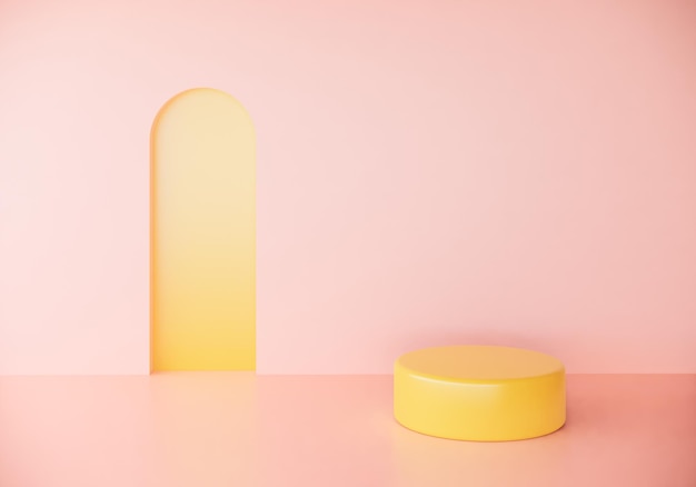 ピンクのパステルカラーの部屋の壁と床に化粧品やオブジェクトのショーケースのための黄色のスタンド表彰台