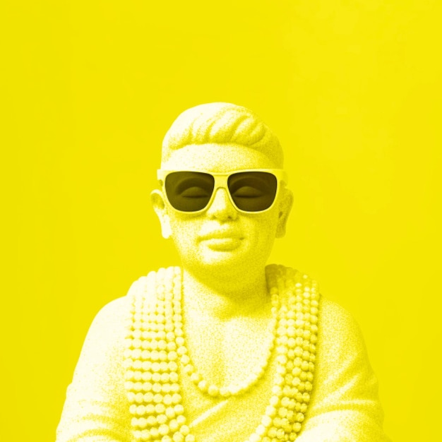 A yellow statue of a person wearing sunglasses and a shirt that says peace