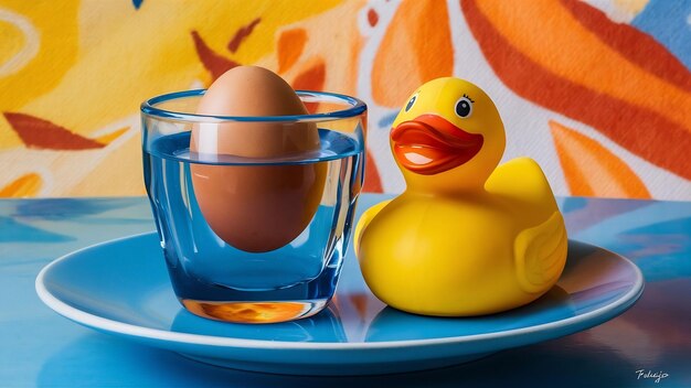 Yellow still life of bath duck and egg