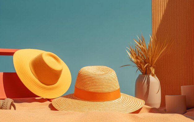 a yellow straw hat with a straw hat and a straw hat.