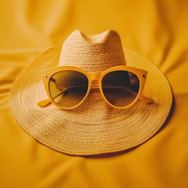 Yellow and straw hat with sunglasses