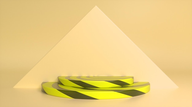 Photo yellow striped podium on yellow abstract triangular background premium photo