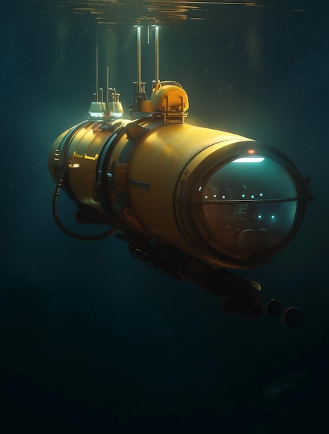 黄色い潜水艦が水面から吊り下げられています。