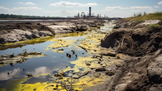 Yellow substance is in the water next to the shore