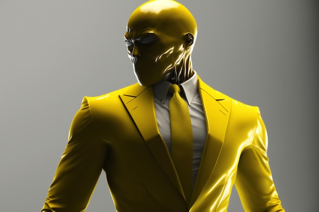 A yellow suit with a black face and a yellow jacket.
