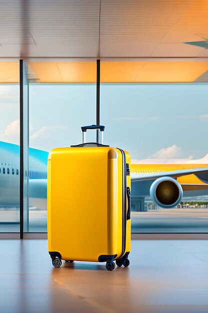 Yellow suitcase in airport departure lounge on airplane background